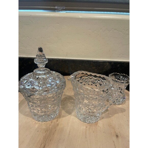 Crystal Sugar Bowl and Creamer Set with toothpick holder - Picture 3 of 9